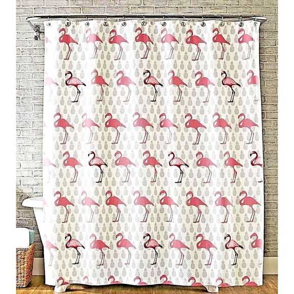 Flock of Flamingos Shower Curtain Gray Pineapples Pink Bird Tropical Fabric Bath - Picture 1 of 2
